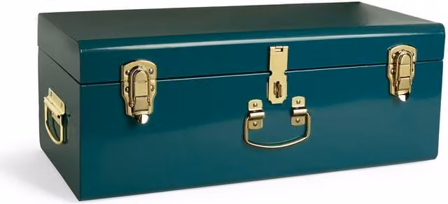 Beautify Vintage Metal Storage Trunk with Lockable Lid and Handles in Petrol and Gold