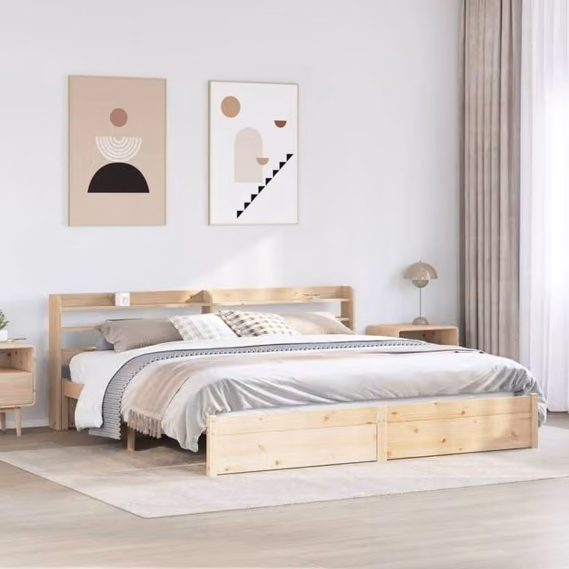 Berkfield Home Rustic Brown Solid Wood Bed Frame with Headboard, Side Compartments and USB Charging Port, W/D/H: 200 x 200 cm