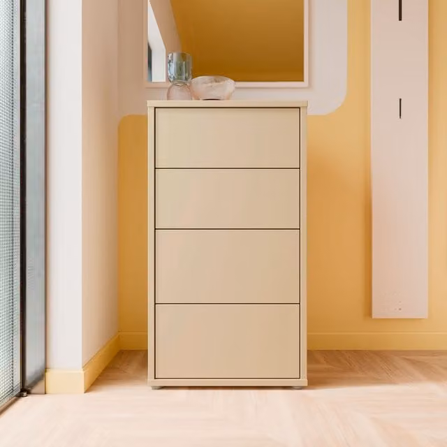 Furniture To Go Alice Springs Tall 4 Drawer Chest with Push-Open Drawers in Light Grey and Butter Yellow