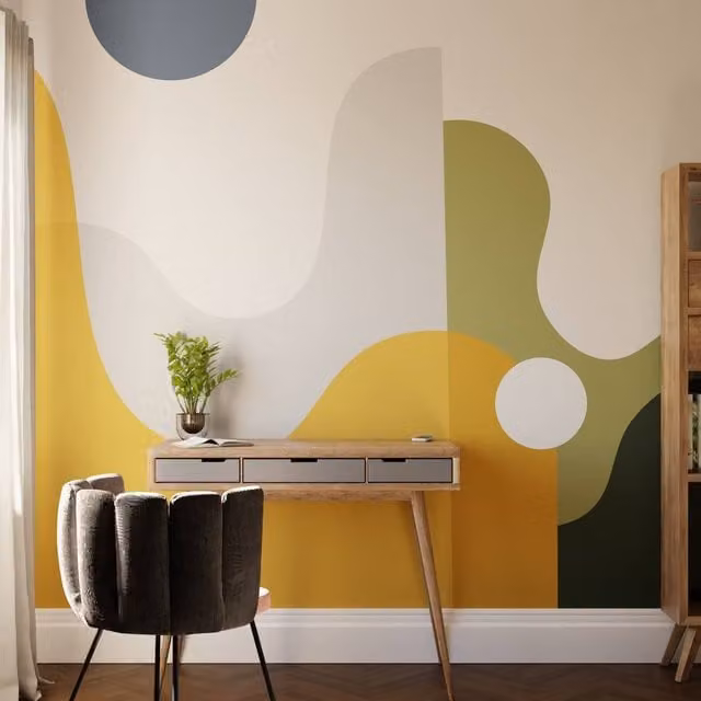 Superfresco Easy The Wave Abstract Modern Mural in Yellow, Blue and Green, W: 300 cm, H: 280 cm