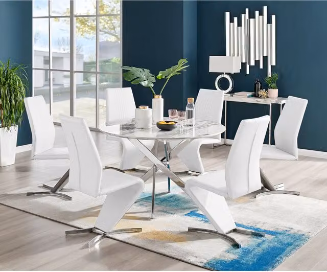 FurnitureboxUK Novara White Marble Effect Round Dining Table and 6 Willow Chairs in White and Silver