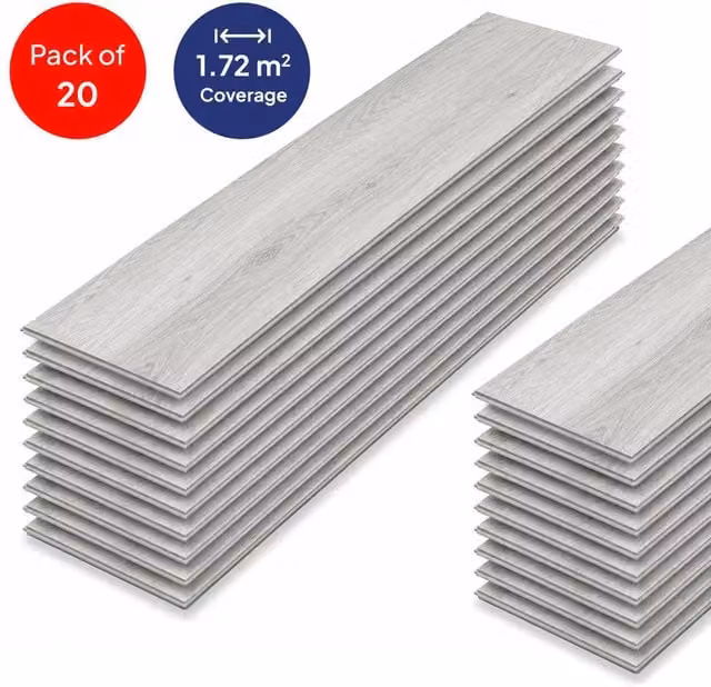ENER-J SPC Herringbone Vinyl Flooring, Warm Walnut Wood Look, Light Grey, 1.72 m2, Pack of 20