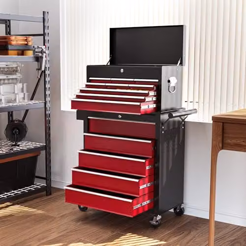 HOMCOM 2 in 1 Rolling Tool Cabinet with 14 Drawers, Pegboard and Lockable Top in Red – 8
