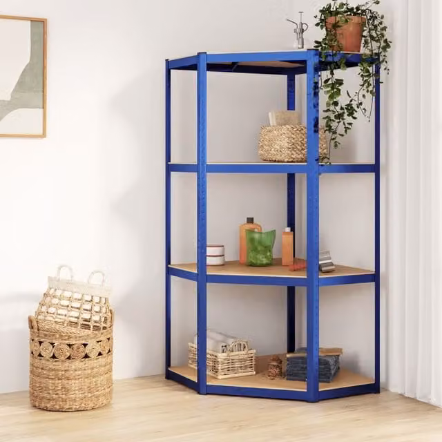 Berkfield Home 4-Layer Corner Shelf in Blue Steel and Engineered Wood with Adjustable Shelves – 1