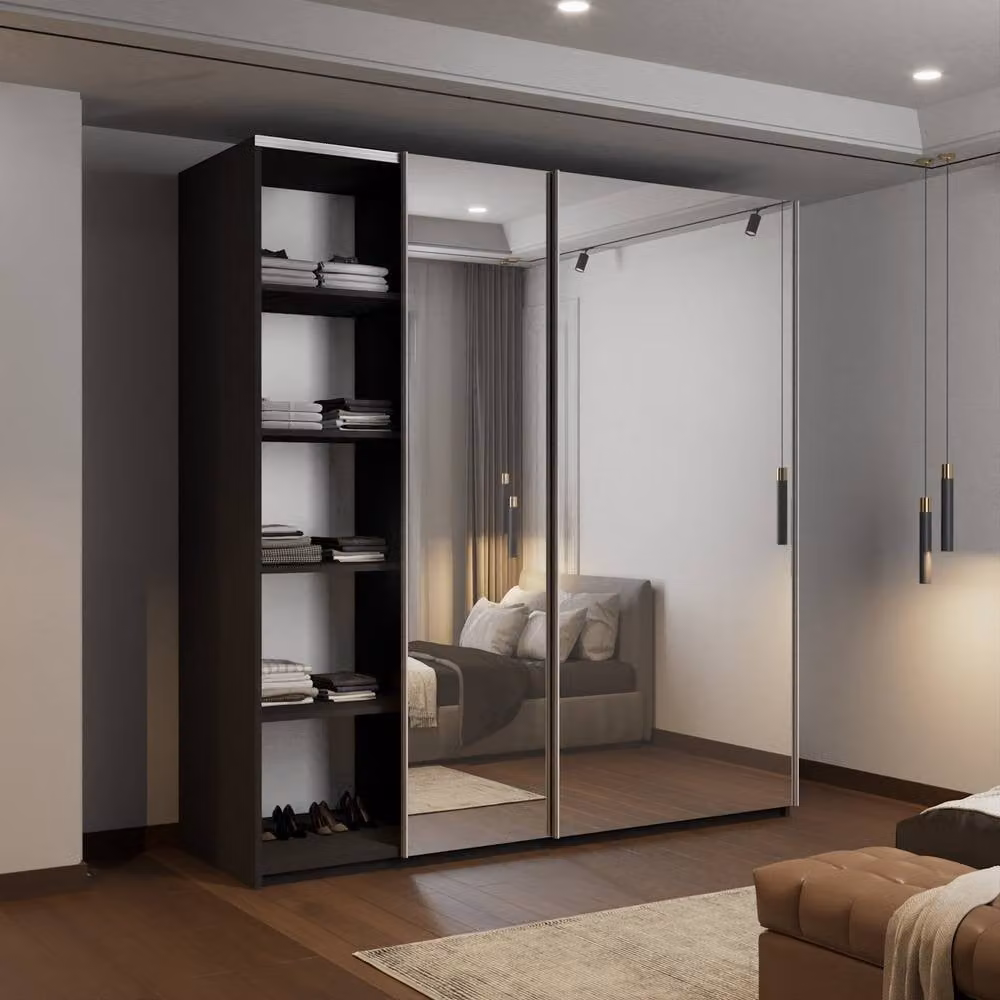 MN Furniture Modern Black Double Mirror Sliding Wardrobe with Integrated LED Lighting W: 200 cm, H: 217 cm – 1