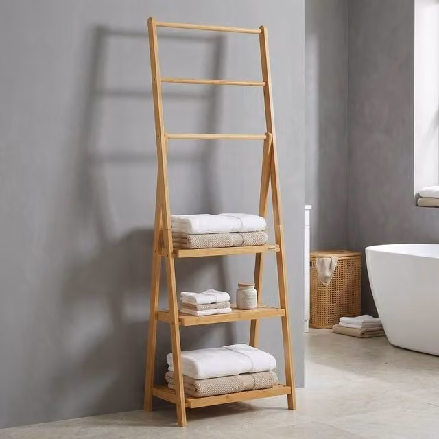 STILVORA Freestanding Wooden Ladder Towel Stand with 3 Hanging Rods and 3 Shelves in Brown and Beige, H 152.0 cm x W 53.0 cm – 1