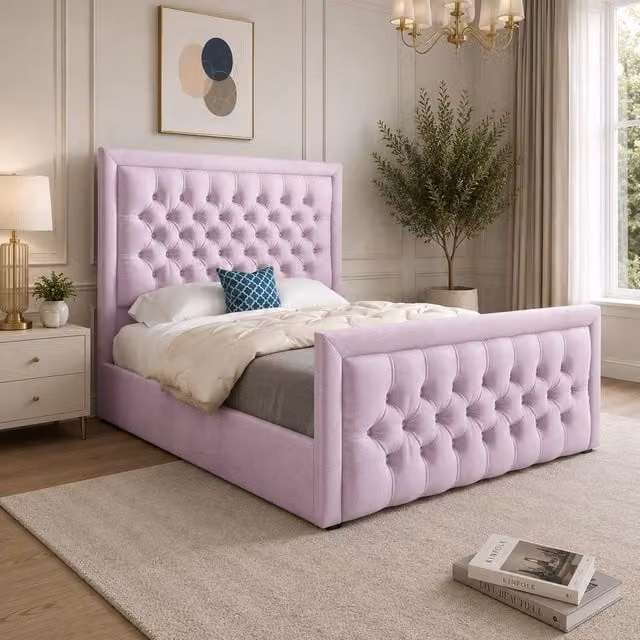 Casani Sidford Upholstered Pink Velvet Designer Bed Frame, W/D/H: 200 x 137 x 189 cm