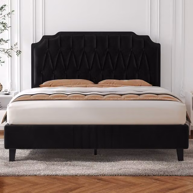Yaheetech Art Deco Upholstered Velvet Bed Frame in Black, W/D/H: 180 x 200 cm