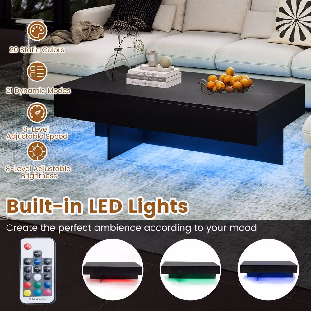 Costway Modern LED Coffee Table with 3 Storage Drawers in Black High-Gloss Finish – 2
