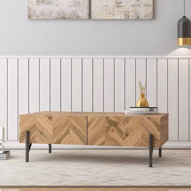 Kidsaw Modern Geometric Rectangular Coffee Table in Brown and Black with Wood and Metal Finish