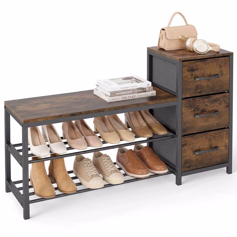 VOGREX Industrial 3-Tier Wooden Shoe Bench with 3 Drawers in Brown – 2