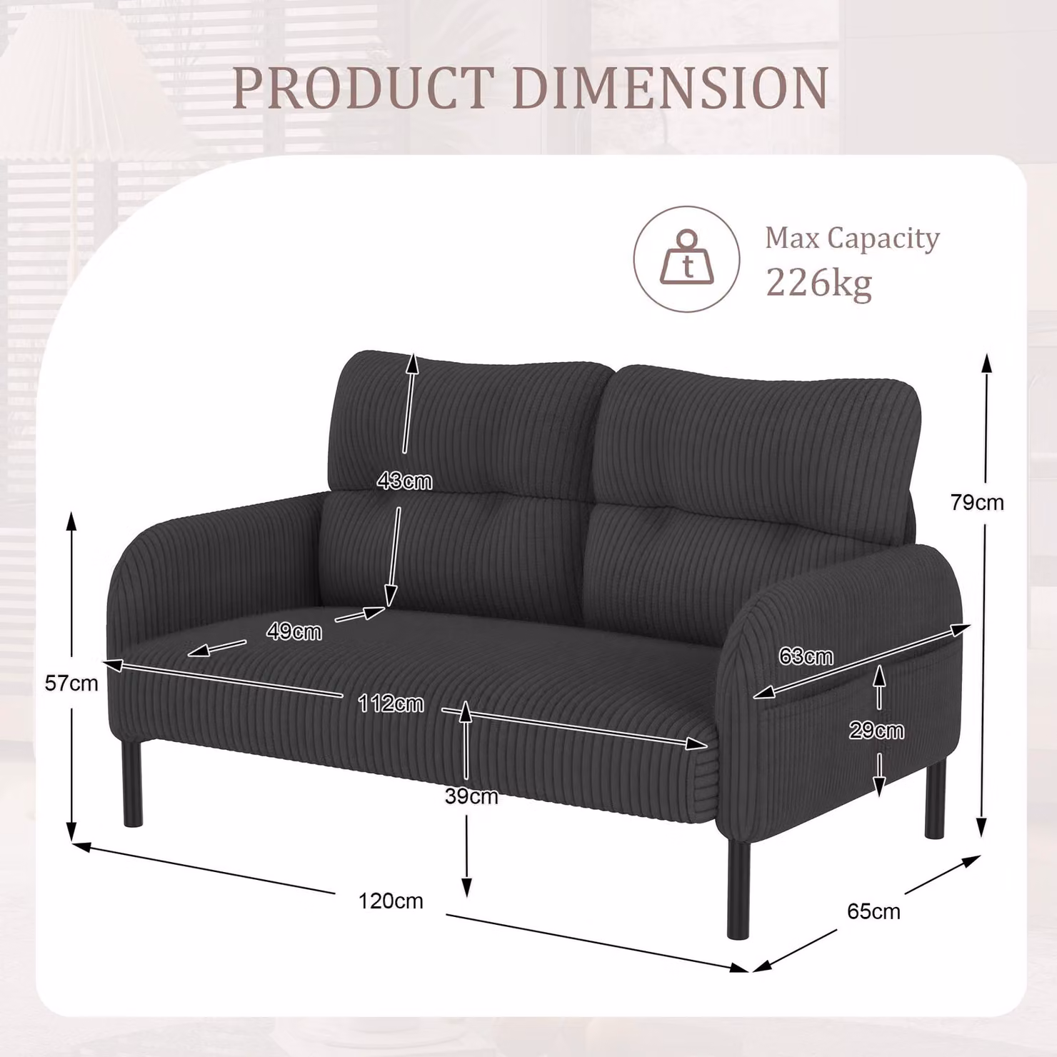 Aosom UK Modern Two-Seater Corduroy Sofa in Grey, W/D/H: 120 x 65 x 79 cm – 3