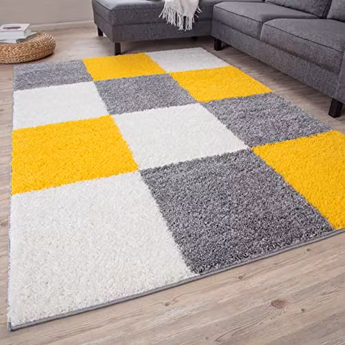 THE RUGS Modern Checked Shaggy Area Rug in Yellow and Grey, W: 80 cm, L: 150 cm