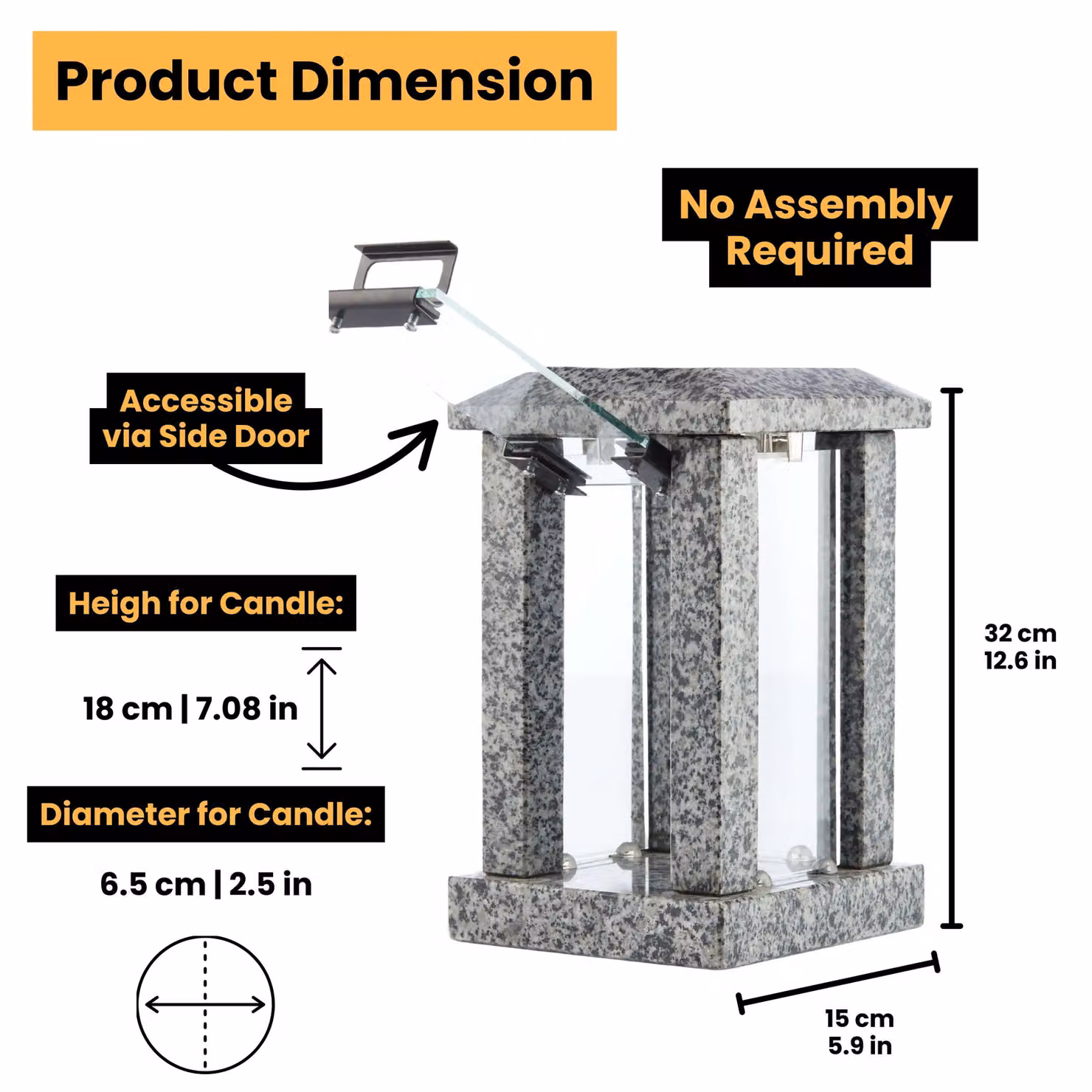 Novecrafto Large Polished Grey Granite Memorial Candle Lantern, H 32 cm, W 15 cm, D 15 cm – 3