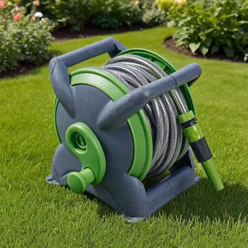 Voltico Green Garden Hose Reel Set with Stand, Wall Mount Bracket, Pattern Spray Gun and Tap Adapters, 20m – 3