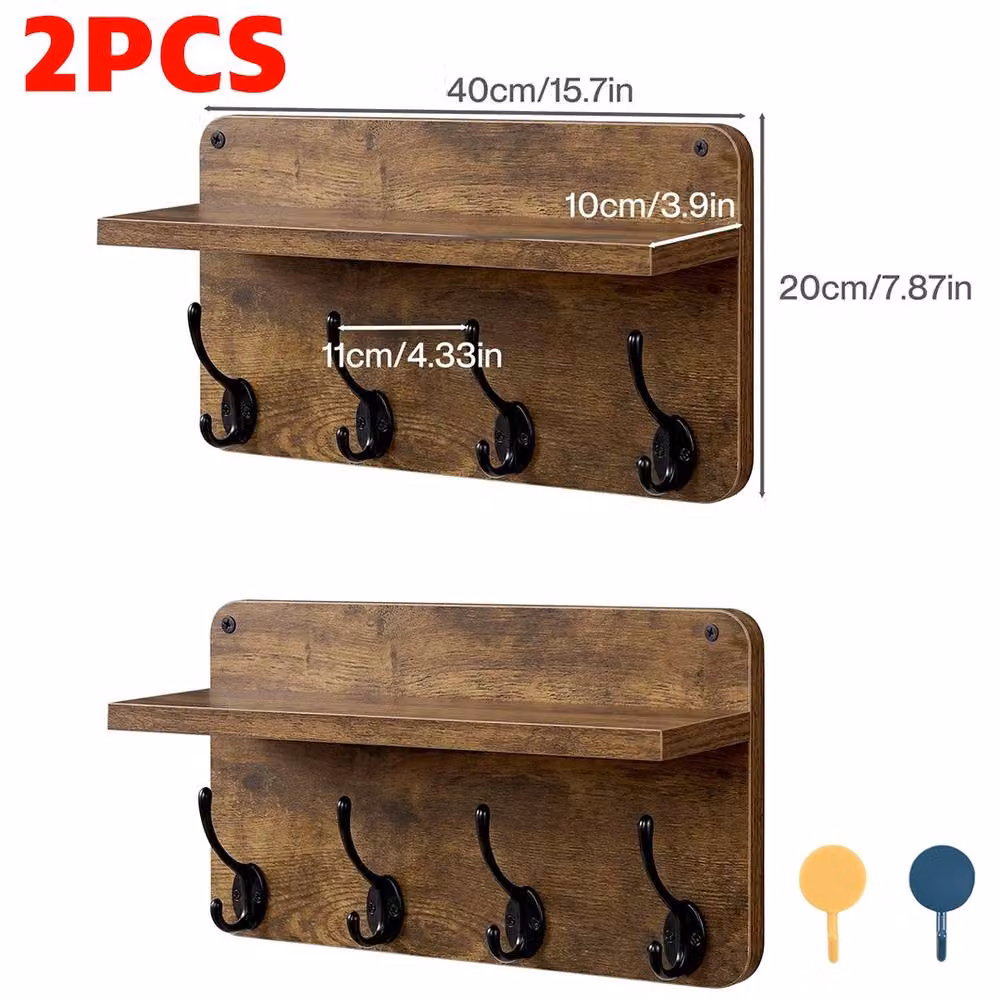 Ventryn 2 Piece Set of Rustic Brown Wooden Wall Mounted Coat Racks with 8 Heavy Duty Hooks – 2