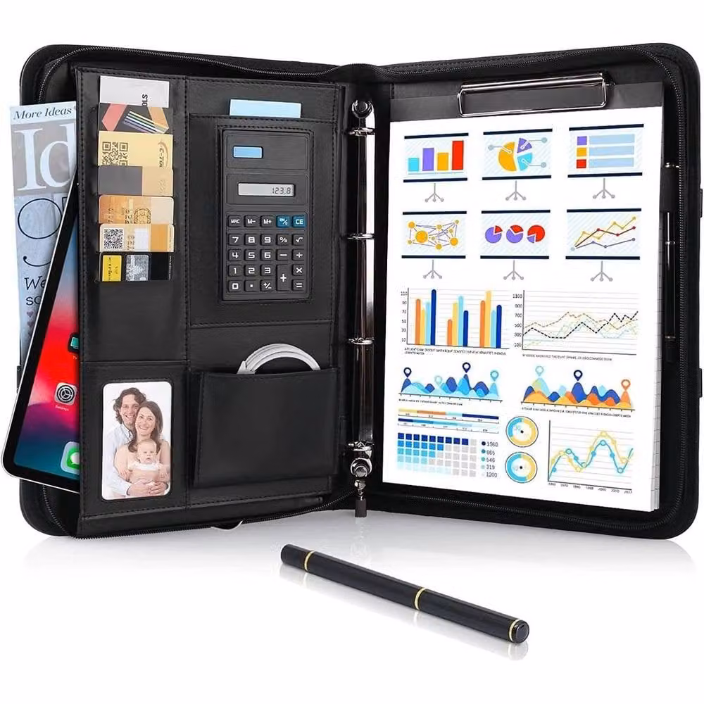 FLAVORA A4 Zipped PU Leather Padfolio Portfolio Folder in Black – 5