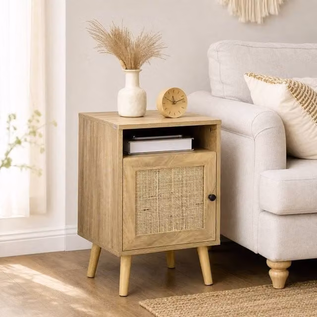 STILVORA Bedside Table with Shelf and Cupboard in Natural Pine Wood and Rattan