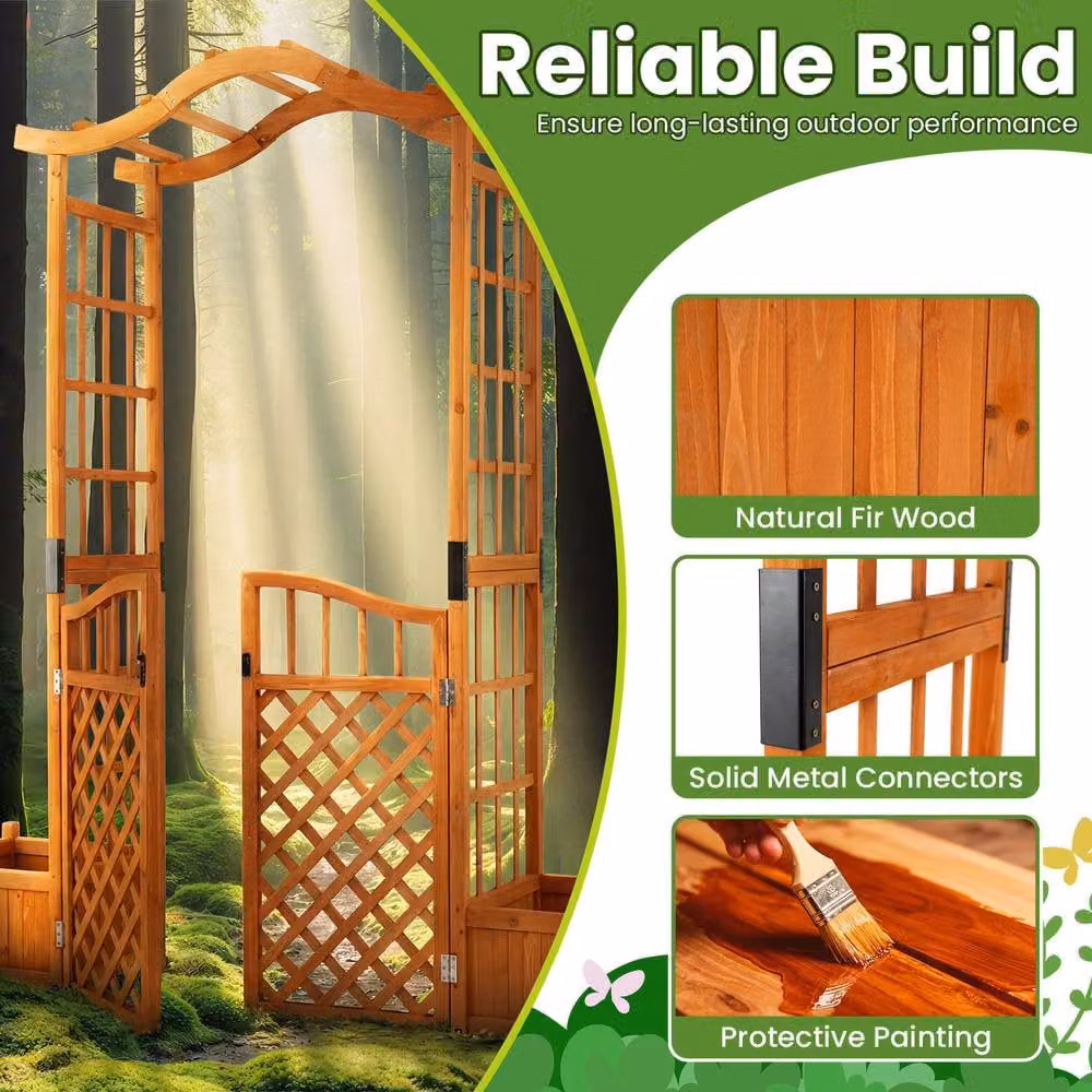 Costway Wooden Garden Arbor with Gate, 2 Planter Boxes and Drainage Holes, Brown, H 210 x W 185 x D 46 cm – 6