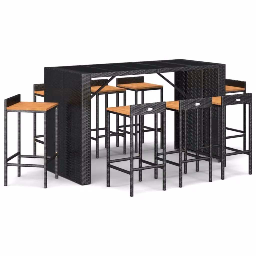 Berkfield Home 9 Piece Black Poly Rattan and Solid Acacia Wood Garden Bar Set – 2