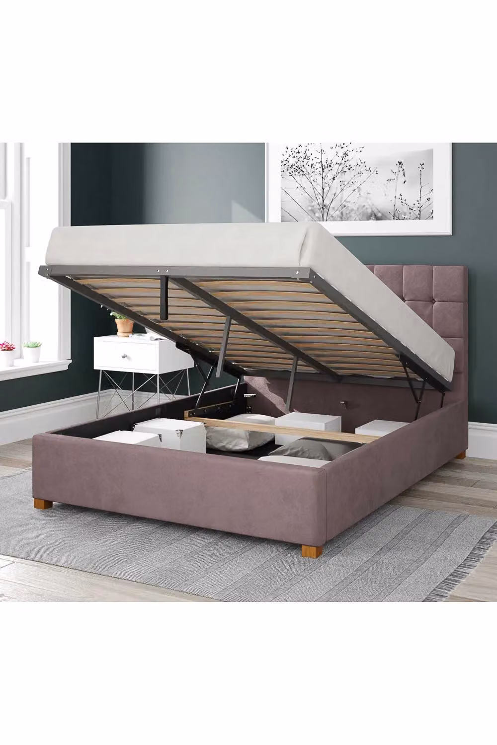 Aspire Sinatra Upholstered Ottoman Storage Bed in Pink Velvet Fabric, W/D/H: 140 x 200 cm – 2