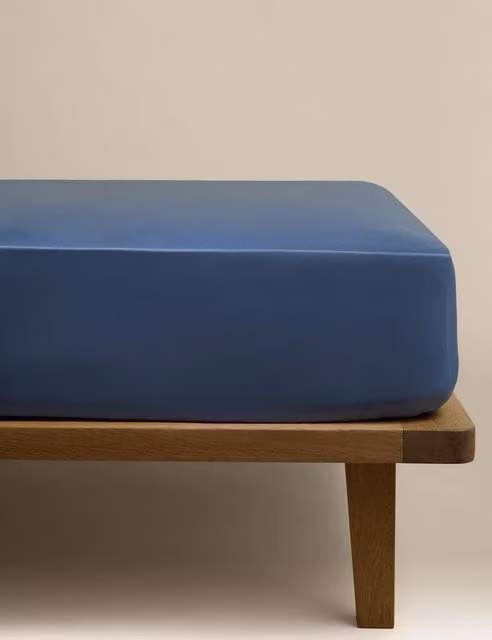 M&S Egyptian Cotton 230 Thread Count Mako Satin Deep Fitted Sheet, Slate Blue, W: 140 cm, L: 200 cm