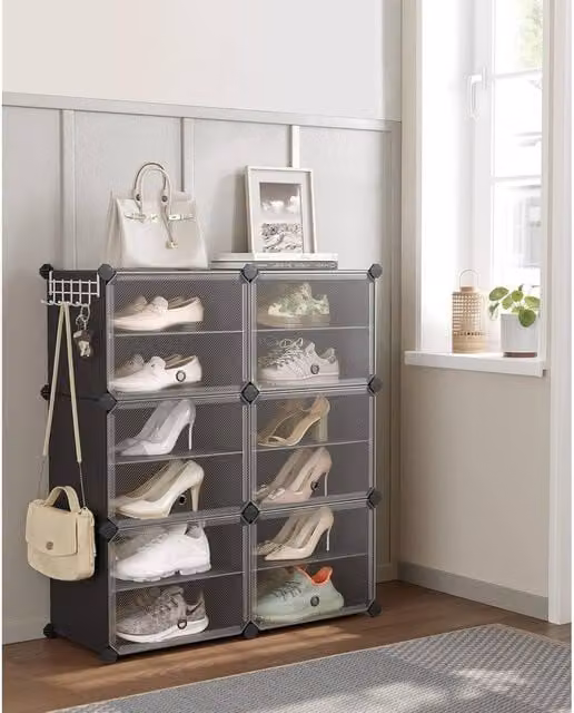 SONGMICS 6-Slot Modular Plastic Shoe Storage Cabinet with Doors in Black