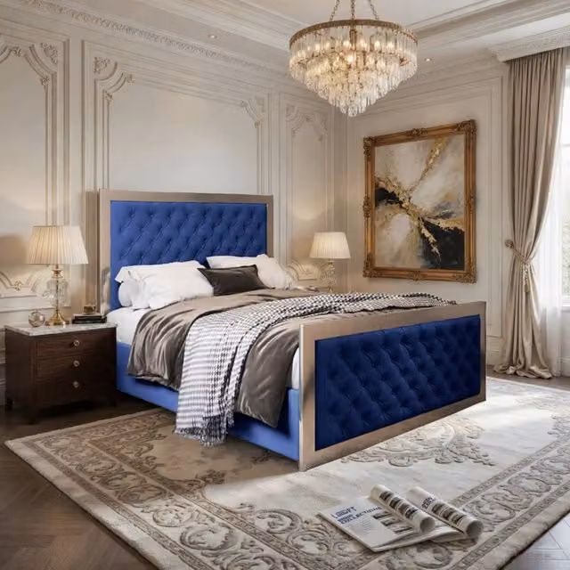 KDMD Meopham Blue Velvet and Metal Upholstered Designer Bed Frame, W/D/H: 120 x 200 cm