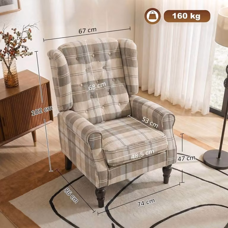 PAWNORA Brown Retro Fabric Wingback Accent Armchair with Armrests
