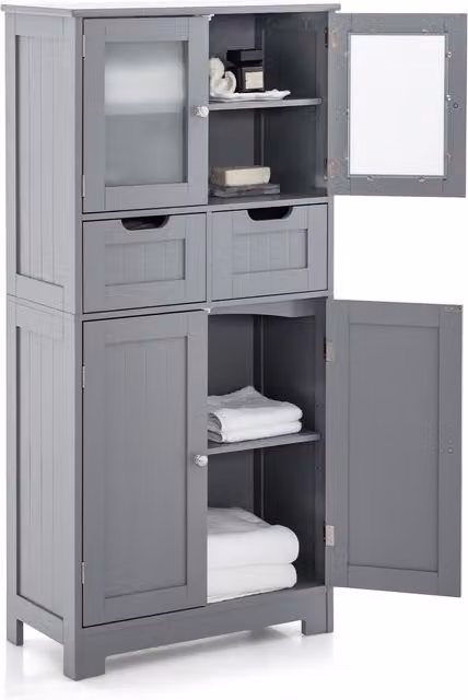 Gymax Tall Grey Bathroom Cabinet with Double Hinged Doors and 2 Drawers