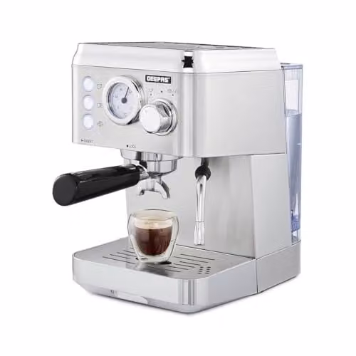 GEEPAS Espresso and Cappuccino Coffee Machine with Milk Frother, 15 Bar Pressure, 1.8L Detachable Water Tank, 1140W, Silver Stainless Steel – 1