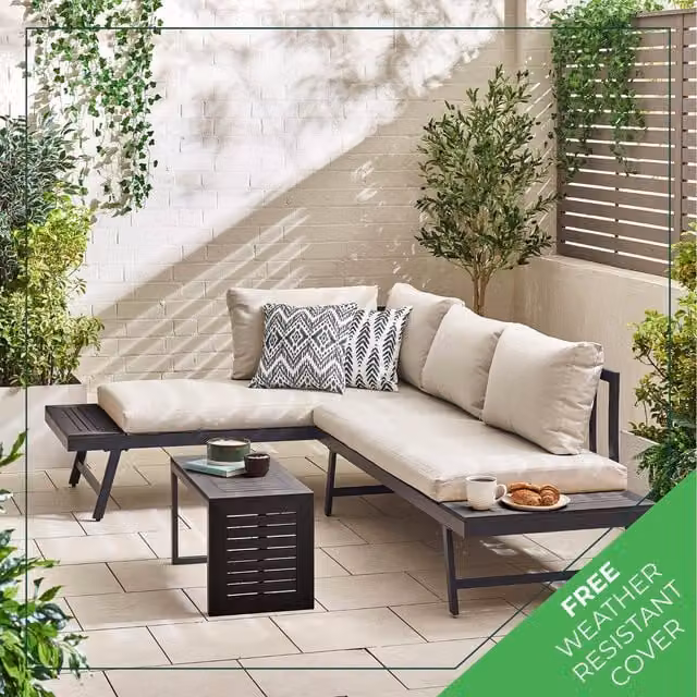 FurnitureboxUK Modular Outdoor Sofa Lounger Riviera Grey 2 Seat Garden Sun Lounger and Table with Weatherproof Cushions and Side Tray