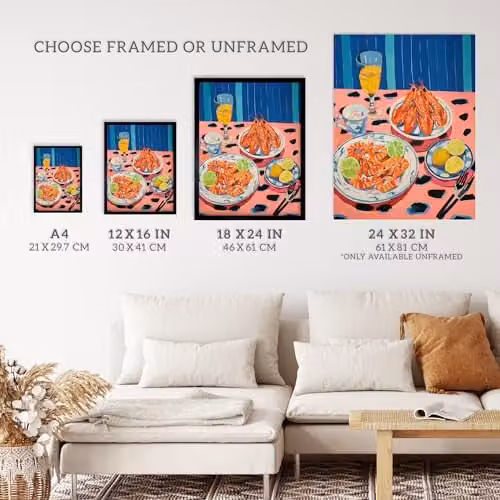 Wee Blue Coo Party Shrimp Oil Painting Framed Wall Art Print, Multicolour, A4 – 3
