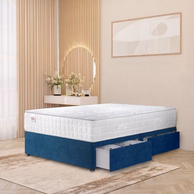 Horizona Blue Upholstered Velvet Hybrid Divan Bed with Drawers W/D/H: 140 x 200 cm