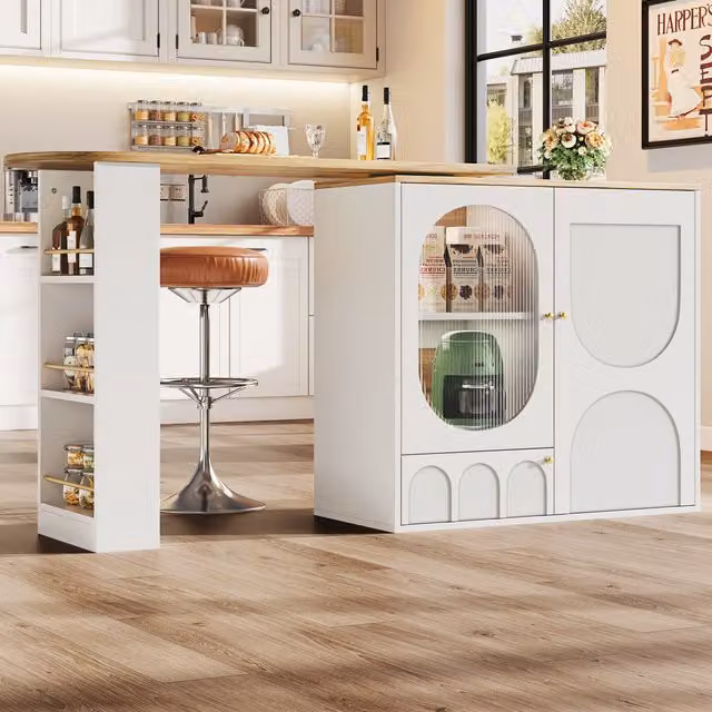 Aosom UK White Rotating Bar Table with Storage Shelves and Metal Handles, H 105 x W 204 x D 39 cm