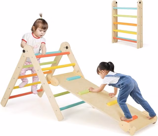Costway 3-in-1 Triangular Climbing Toy in Multicolour and Green, Foldable Wooden Design