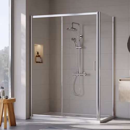 Balterley Sliding Shower Door with Side Panel and Square Shower Tray, 6mm Toughened Safety Glass, Chrome and White – 2