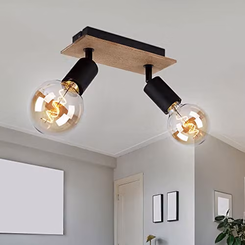 Globo Lighting Martha Twin Ceiling Spotlight in Black and Brown Wood Effect with 2x E27 Sockets, W/D/H: 21 x 9 x 11 cm – 2