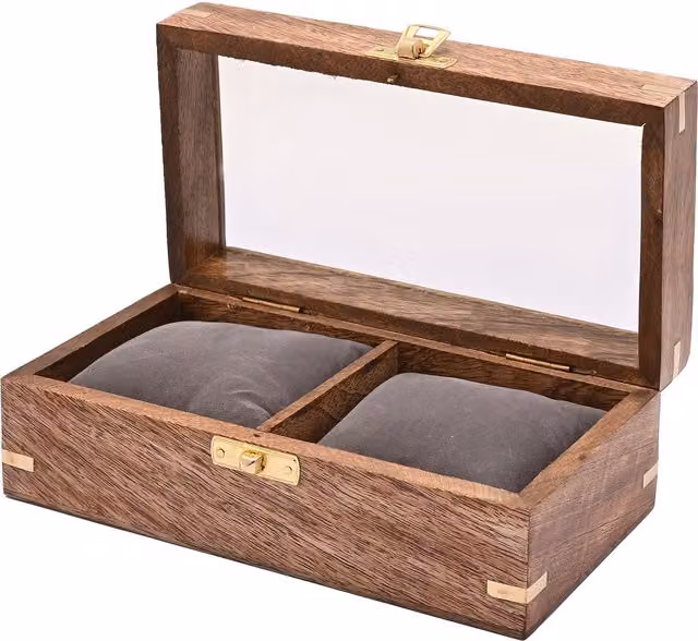 Harvey Makin Solid Wood Duo Watch Storage Box with Glass Lid in Brown