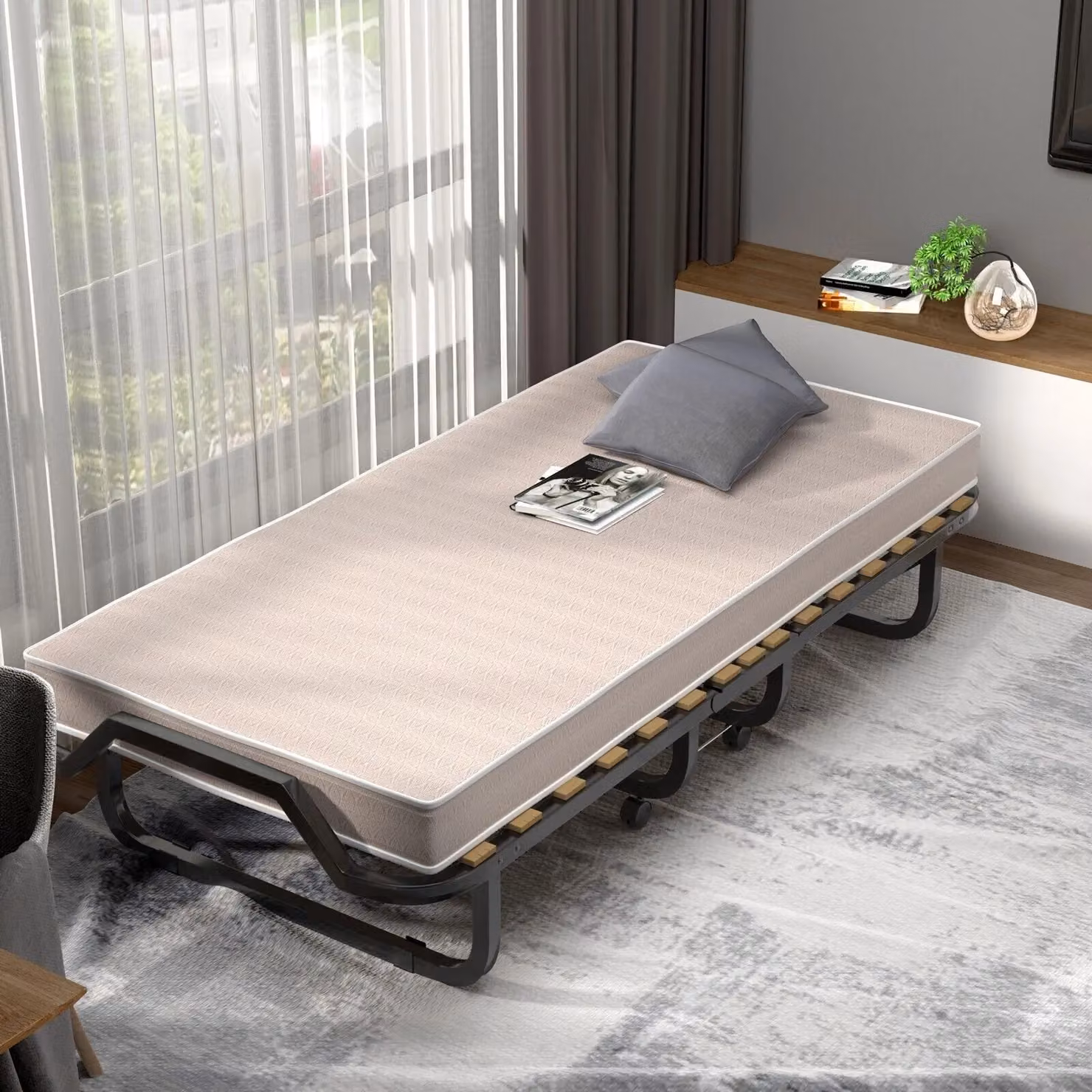 Gymax Portable Metal Folding Guest Bed with 10cm Memory Foam Mattress, Grey, W/D/H: 90 x 200 cm – 2