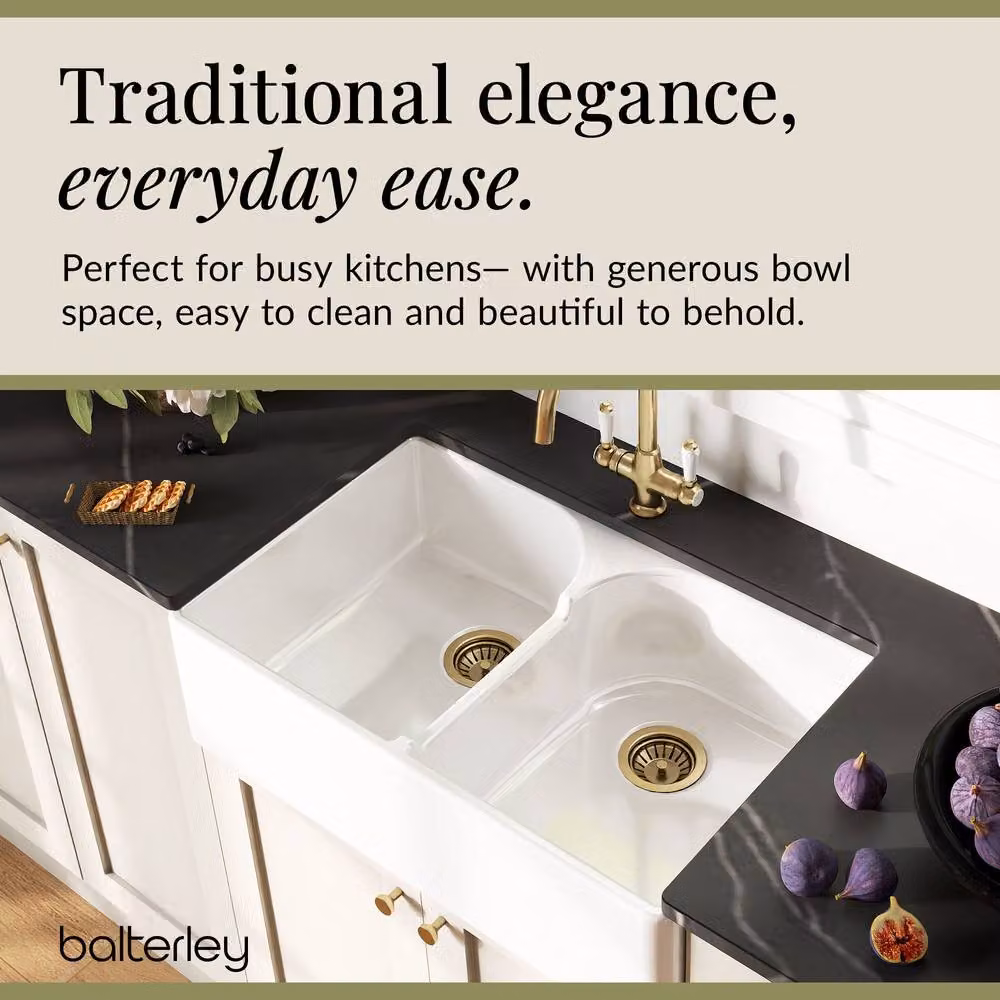 Balterley White Ceramic 2 Bowl Stepped Weir Butler Sink with Wastes and Tap, W: 79.5 cm – 3