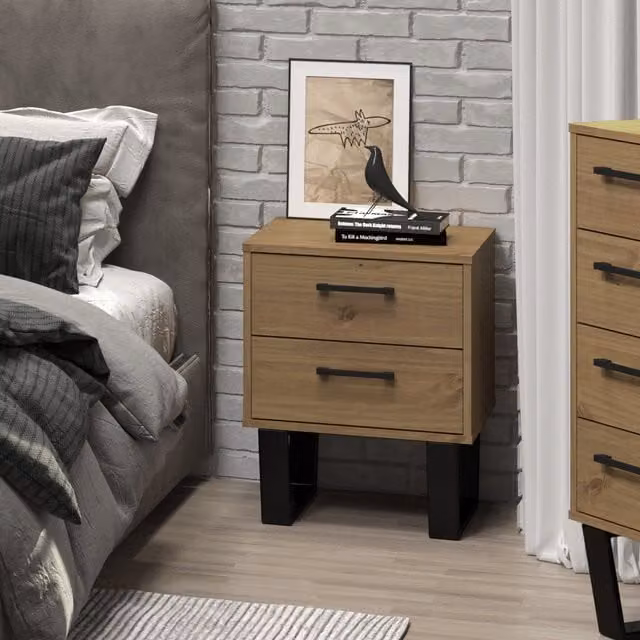 Core Products Texas Industrial 2 Drawer Bedside Cabinet in Waxed Pine and Metal, Brown and Black, W/D/H: 45 x 39.5 x 57 cm – 1