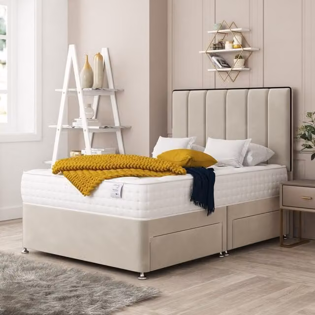 Bed Choices Herringbone Divan Bed with 2 Drawers, Mattress and 26 inch Headboard in Cream, W/D/H: 90 x 190 cm