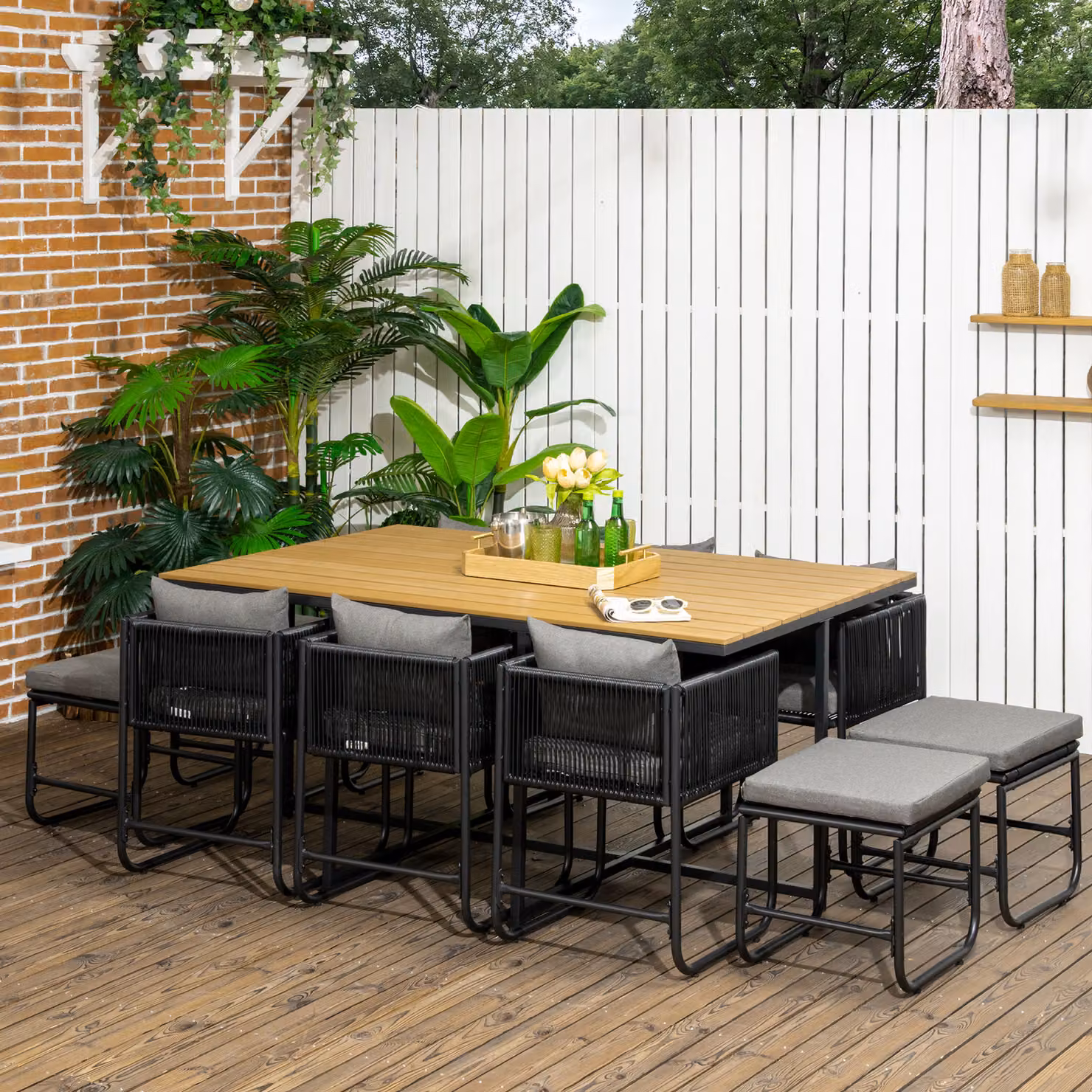 Outsunny 11-Piece PE Rattan Garden Dining Set with Wood Grain Plastic Top in Black – 2