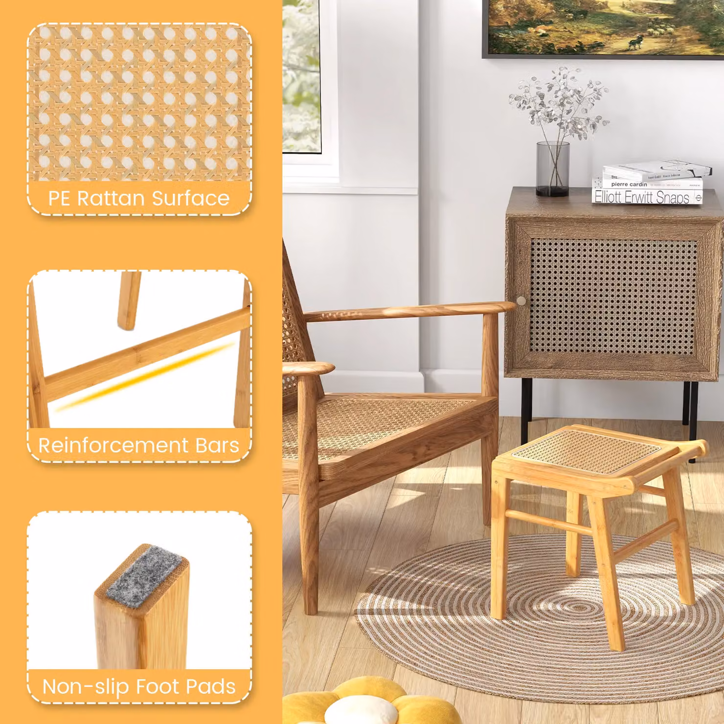 Costway Bamboo Rattan Vanity Stool and Ottoman in Natural Brown – 2