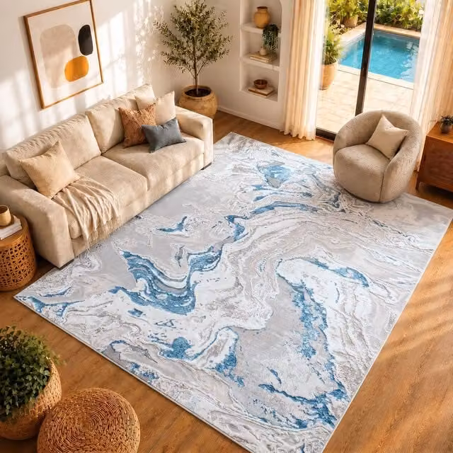 Livabliss Lustro Abstract Modern Marble Rug in Blue, Grey and Beige, W: 120 cm, L: 170 cm – 1