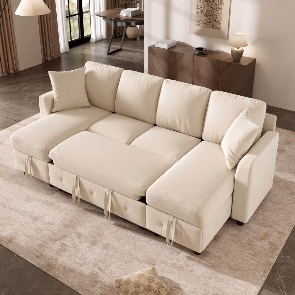 Merax Modern U-Shaped Pull-Out Sofa Bed in Beige with Dual Storage Chaises and USB Charging – 3