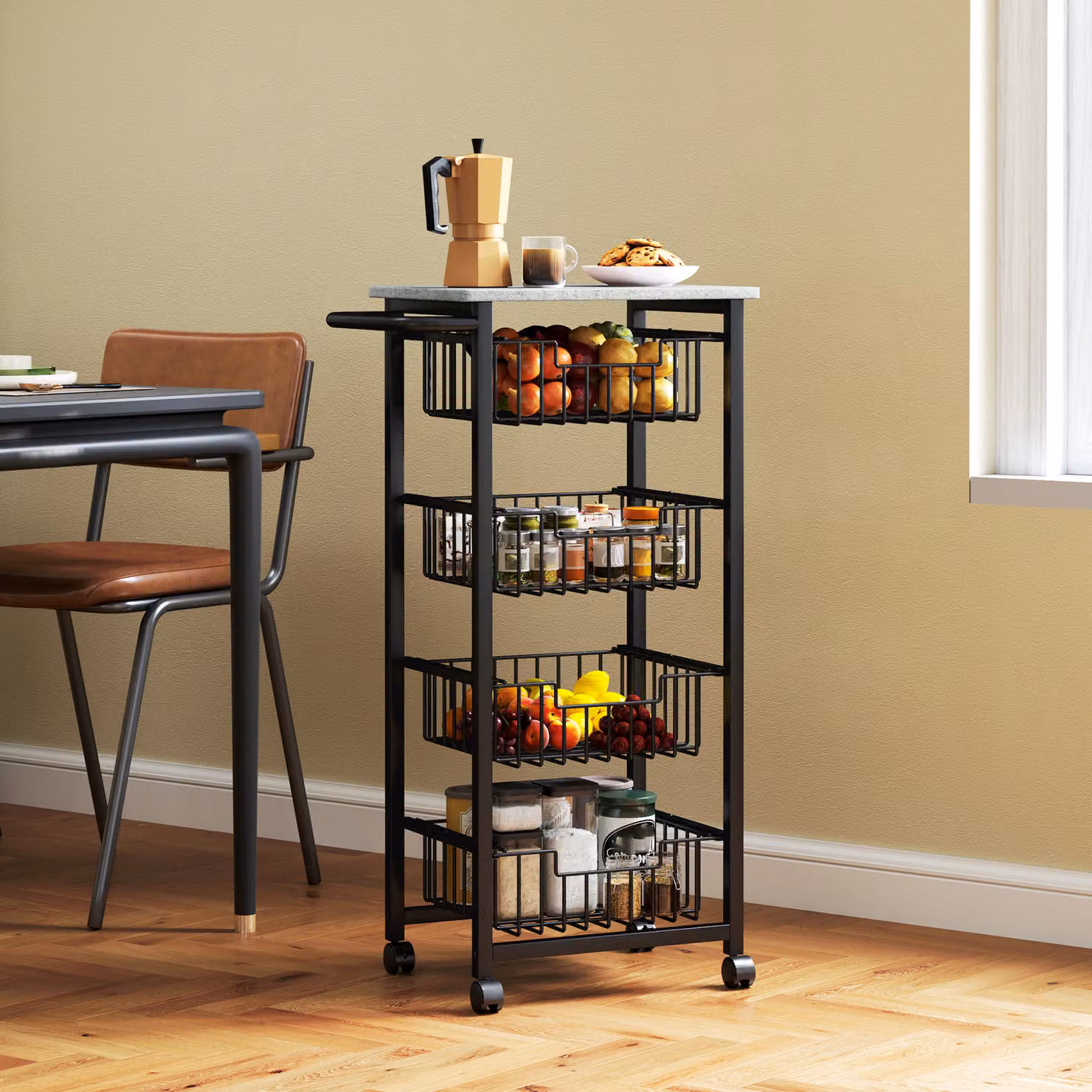 HOMCOM Four Basket Mobile Kitchen Island with Brakes in Grey and Black – 6