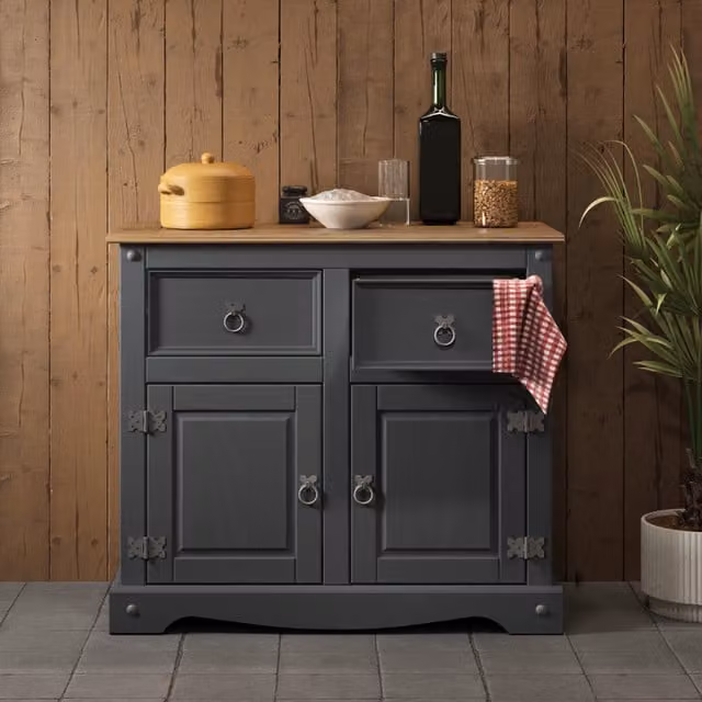 Mercers Furniture Corona 2 Door Sideboard in Distressed Charcoal Wax Solid Pine Wood with 2 Drawers