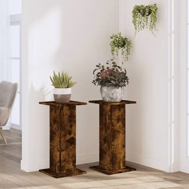 Berkfield Home Set of 2 Smoked Oak Plant Stands in Brown, W/D/H: 30 x 30 x 60 cm
